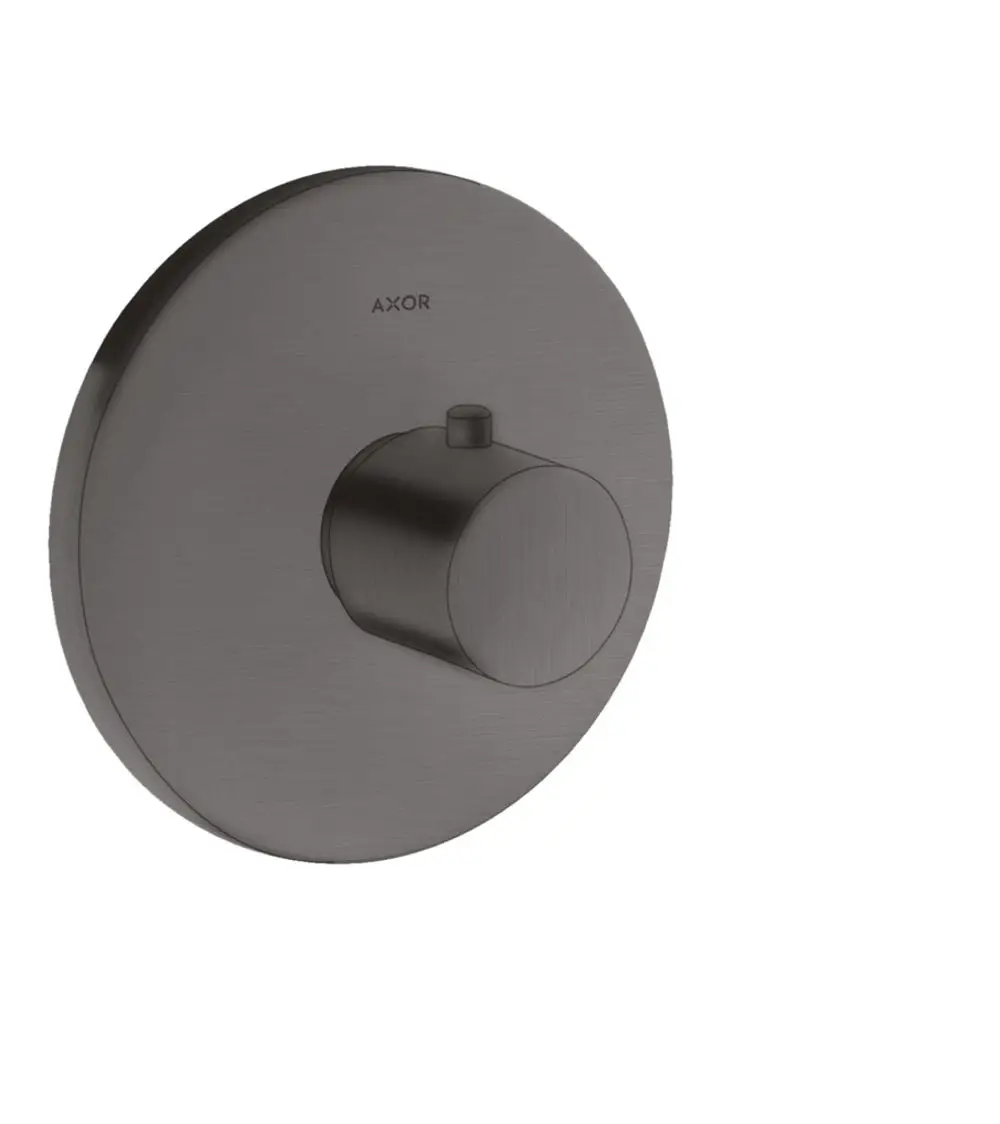Thermostat von AXOR in gebürstetem Schwarzchrom, rund mit einem zentralen Bedienelement. Geeignet für Unterputzinstallation.